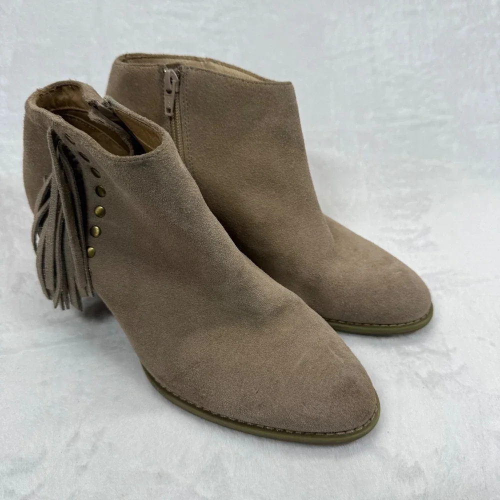Vionic‎ Suede Fringe Ankle Booties Western Accents Taupe Brown Women's Size 9